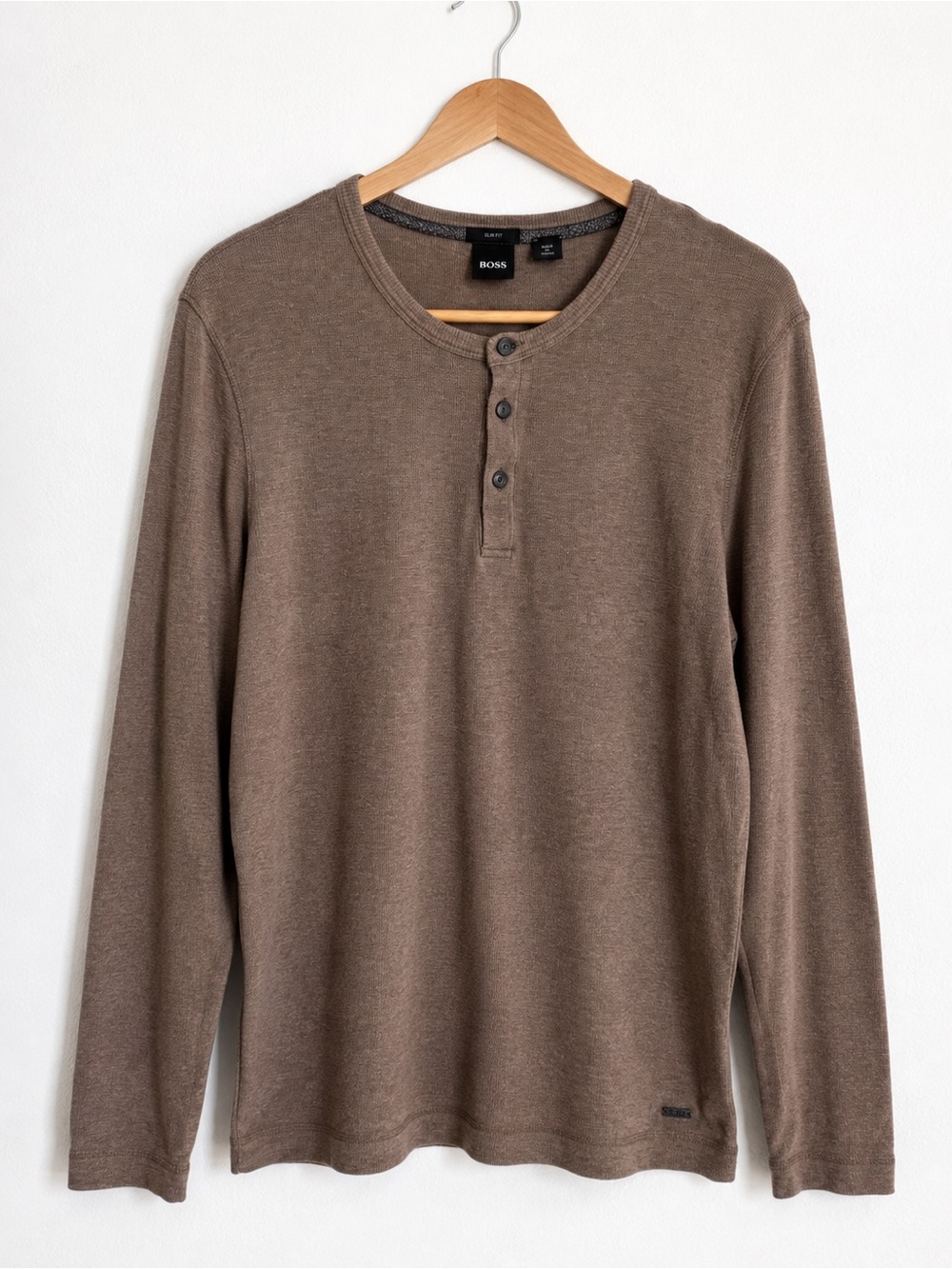 BOSS Hugo Boss Men’s Slim Fit Henley Long Sleeve Shirt Brown XL